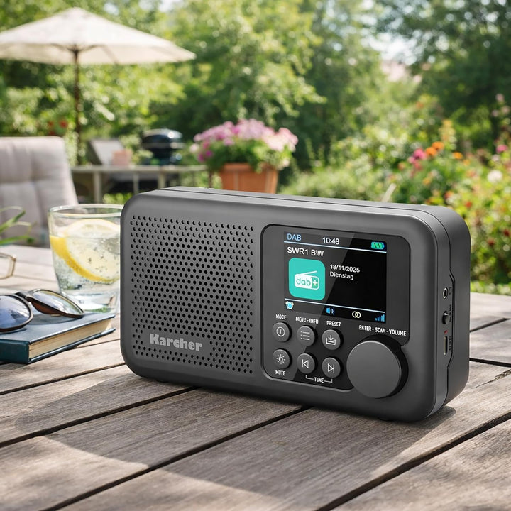 Karcher DAB+ Radio tragbar mit Akku (2200 mAh), Digitalradio DAB+ / UKW, Bluetooth Lautsprecher, 2,4
