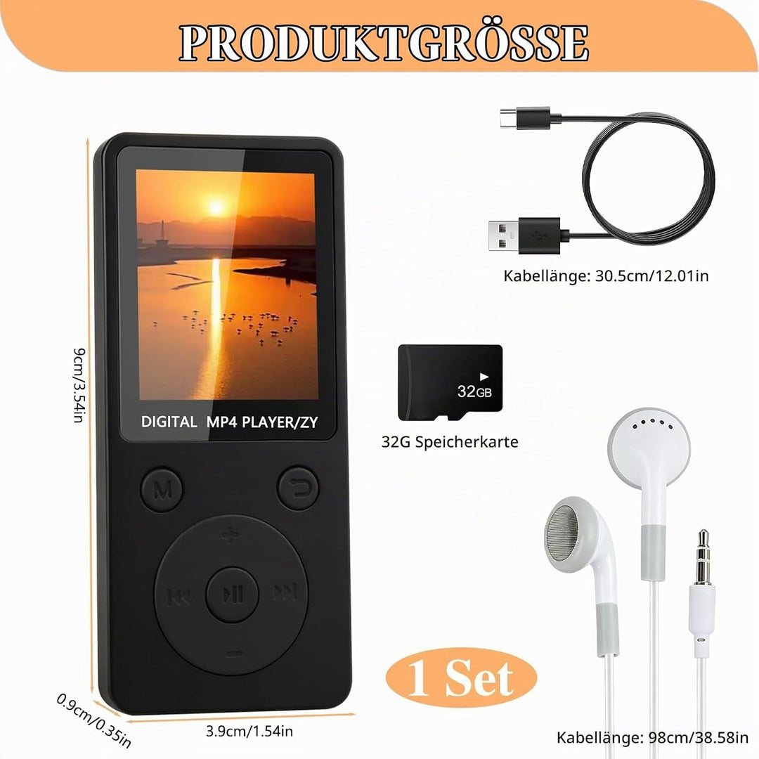 MP3 Player Bluetooth 5.3 mit 32 GB Speicher, MP3 Player mit Lautsprecher, 1,8 Zoll HiFi Music Player