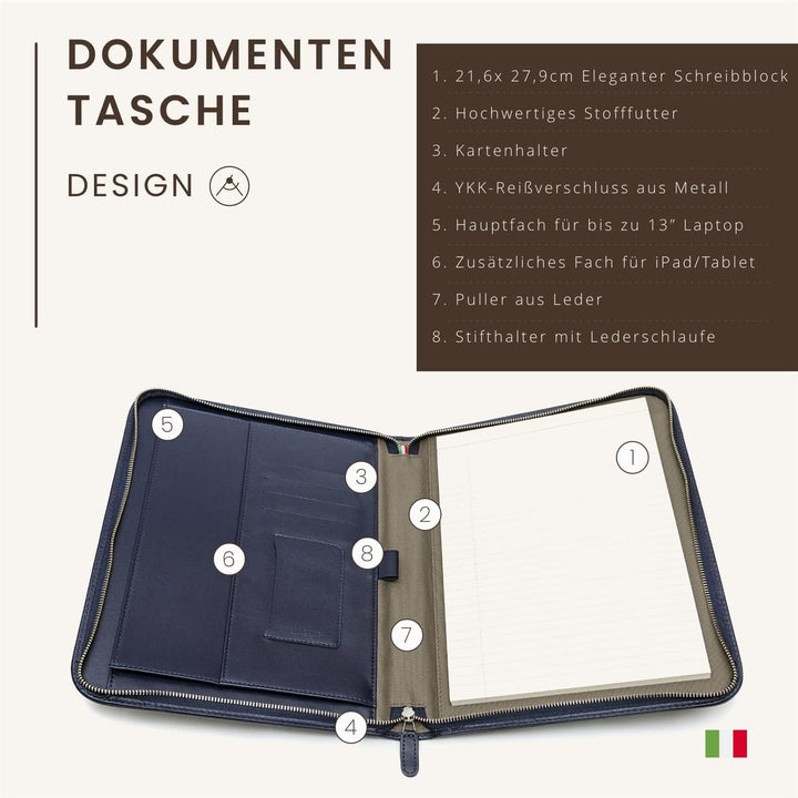 Konferenzmappe A4 aus 100% vollnarbiges Leder mit Reissverschluss - handgefertigt in Italien von erf