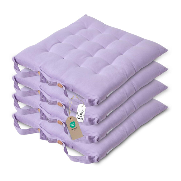 Homescapes 4er Set Stuhlkissen 40 x 40 cm, helles violett, Sitzkissen mit Bändern und Knopfverschlus