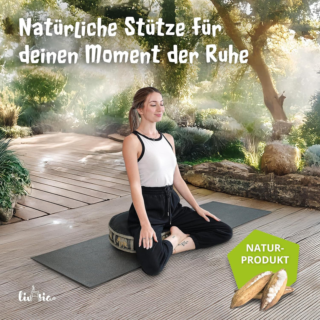 livasia Meditationskissen mit Thaiseide - Ø 45x15cm - Yogakissen mit Kapok, Pouf, Bodenkissen für Yo