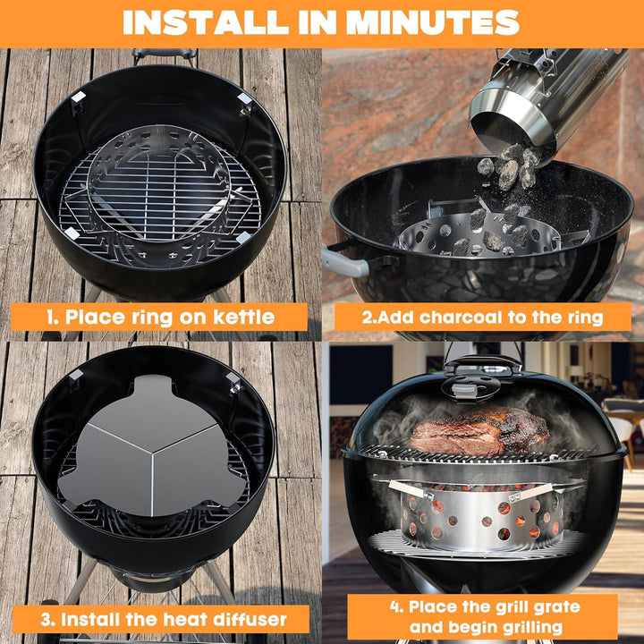 Onlyfire Rauchsatz für Weber Kugelgrill 57 cm, Kohlekorb mit abnehmbarem Diffusorplatte für direkte