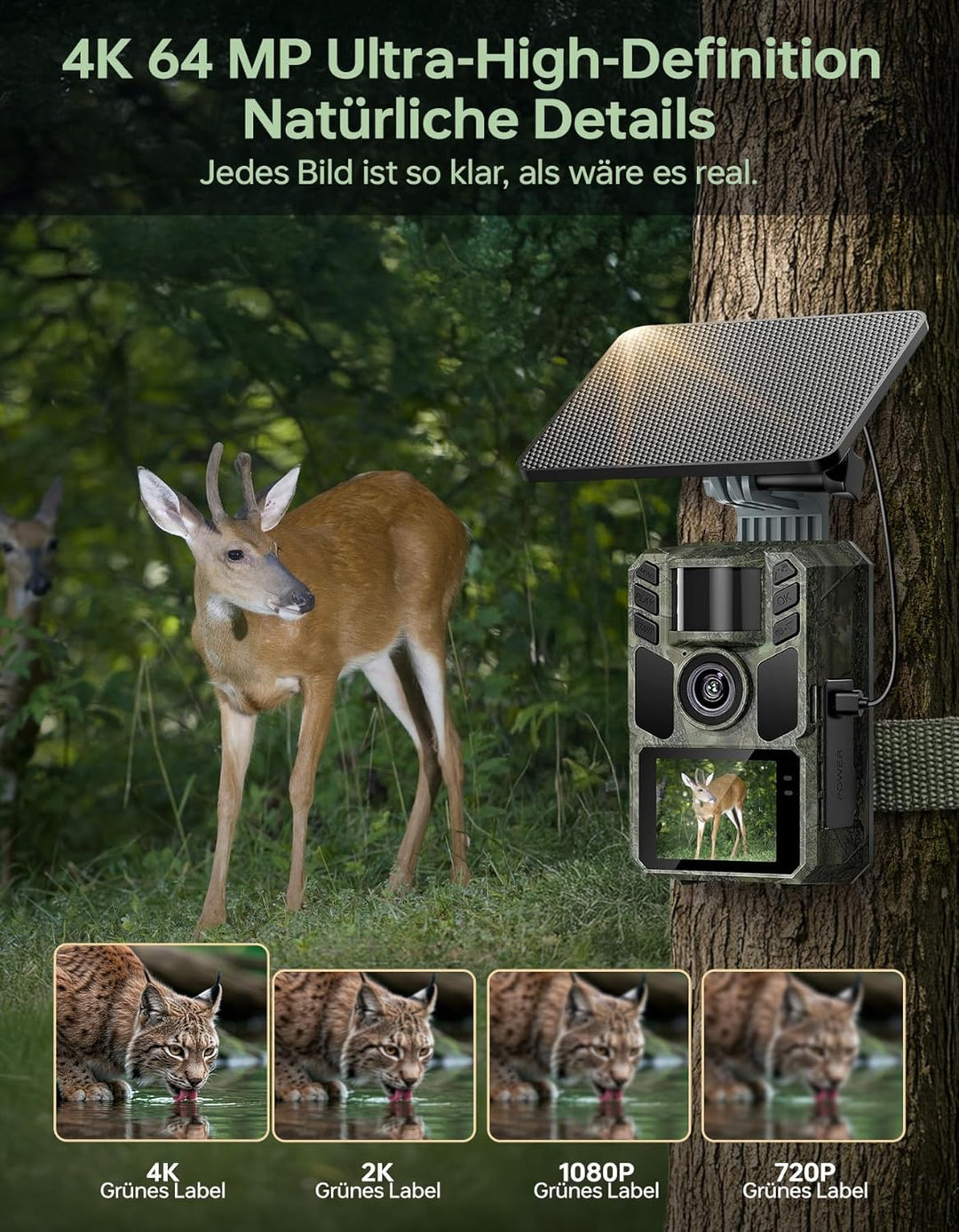 Wildkamera mit Handyübertragung App,Wildtierkamera 4K 64MP WLAN Solar mit Lithium-Batterie, Bewegung