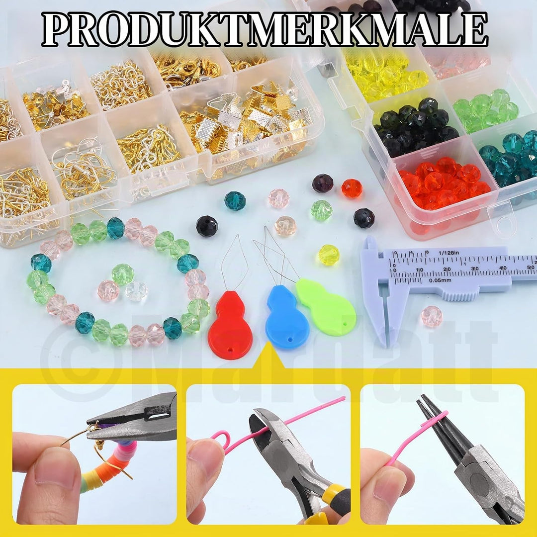 Mardatt 1250Pcs Jewelry Making Supplies Kit Includes 10 Colors 8mm Crystal Beads, Jewelry Pliers, Je