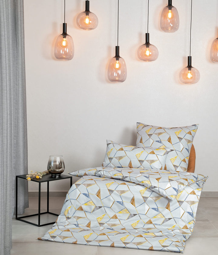 Janine Mako-Satin Bettwäsche Milano 135x200 cm + 80x80 cm silberlbau-gelb-Zimt, 135x200 cm + 80x80 c