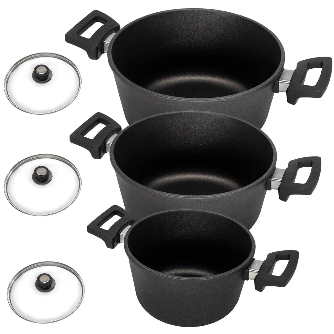 Eurolux Universal-Topfset Induktion Aluguss beschichtet 6-teilig - schwarze Koch-Töpfe Set &amp; Glas-De