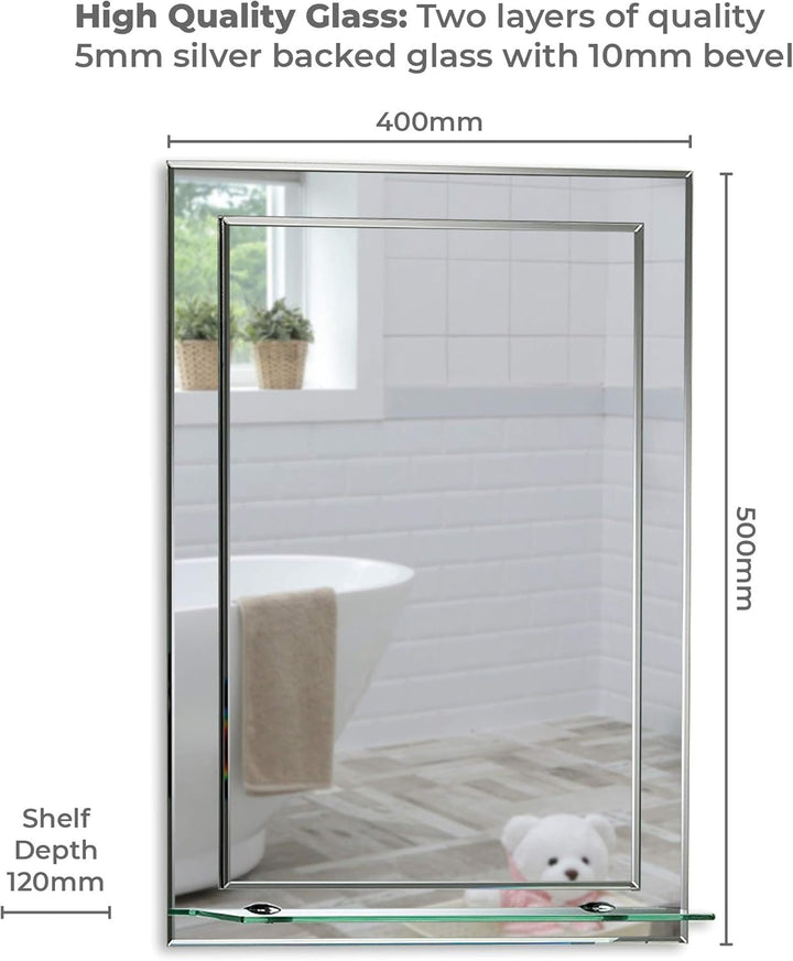 Schöner rechteckiger Badezimmerspiegel mit Ablage, modern und stylish, 2 Lagen Glass, mit abgerundet