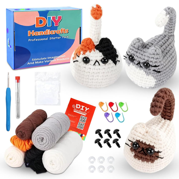 Zinueen Häkelset für Anfänger mit Videoanleitung - Komplettes Crochet Set für 3 süsse Katzen | Einfa
