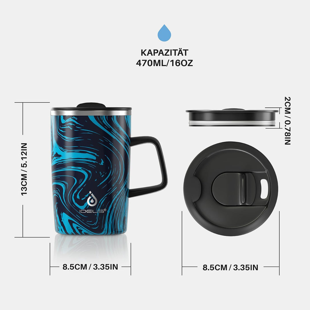 Ideus® Kaffeebecher 470 ml (16 oz), doppelwandige vakuumisolierte Kaffee- und Teetasse aus Edelstahl