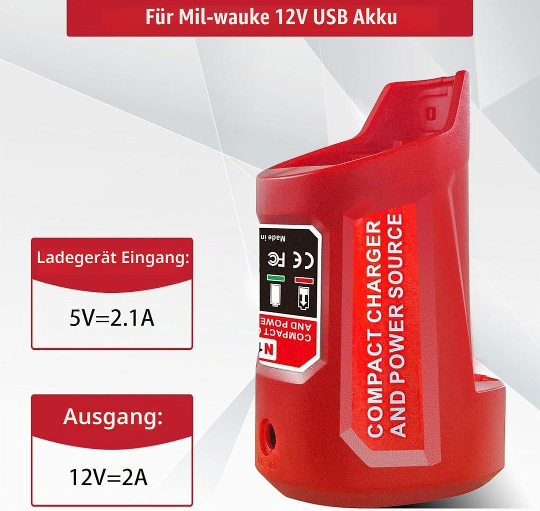 M12 Akku Ladegerät mit Typ-C Anschluss &amp; DC 12V Ausgang, Ersatz-Netzteil für Milwaukee M12 12V Akku