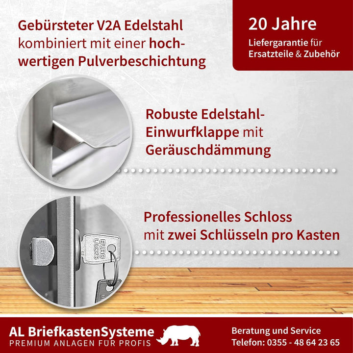 AL Briefkastensysteme 3er Briefkastenanlage Edelstahl, Premium Briefkasten DIN A4, 3 Fach Postkasten