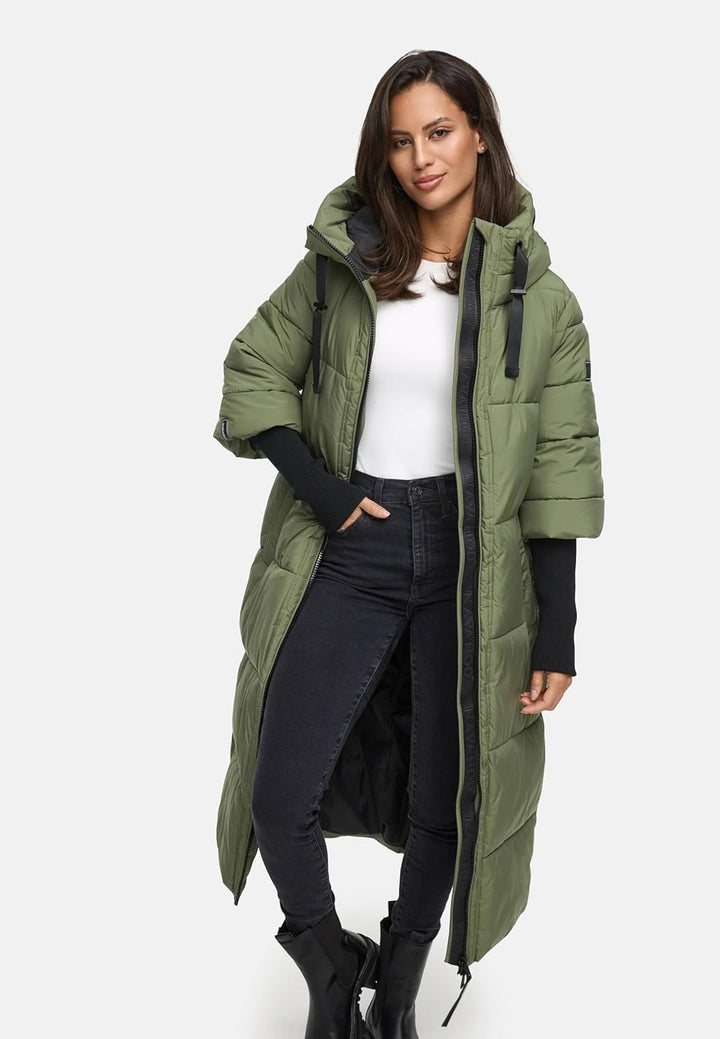 Navahoo Damen langer Wintermantel warmer Steppmantel mit Kapuze und Rippstrickärmeln Ciao Miau XIV X