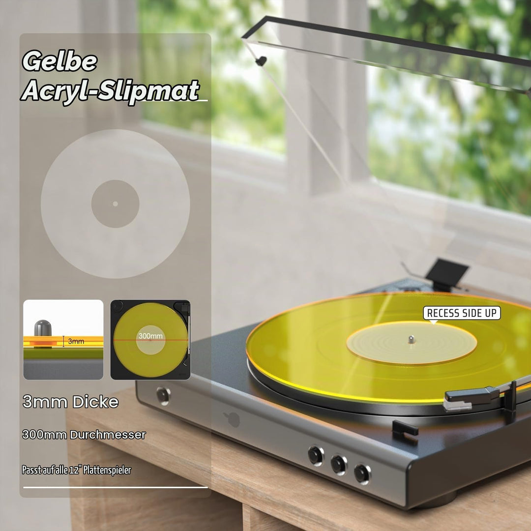 Plattenspieler-Matte, Schallplatten-Slipmat, Acryl-Plattenspieler-Platte, Vinyl-Rutschmatten (Gelb)
