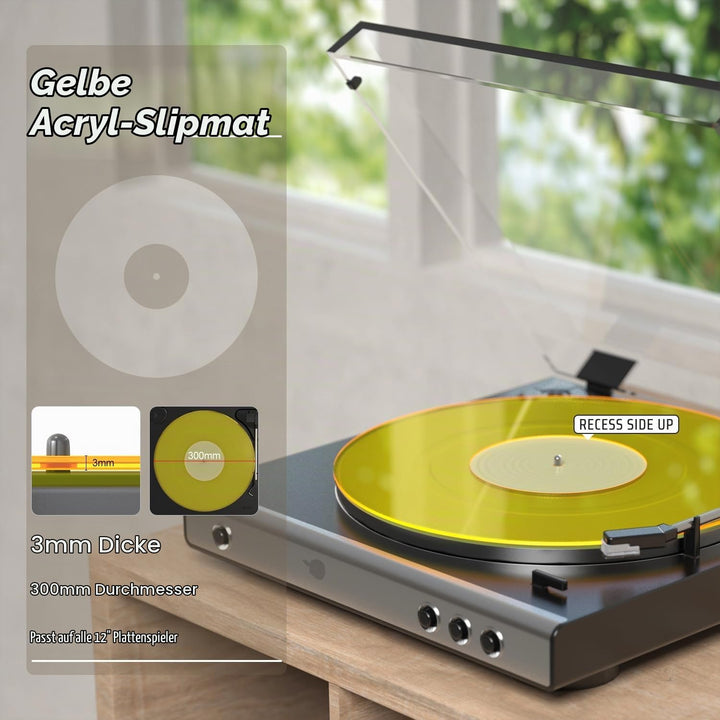 Plattenspieler-Matte, Schallplatten-Slipmat, Acryl-Plattenspieler-Platte, Vinyl-Rutschmatten (Gelb)