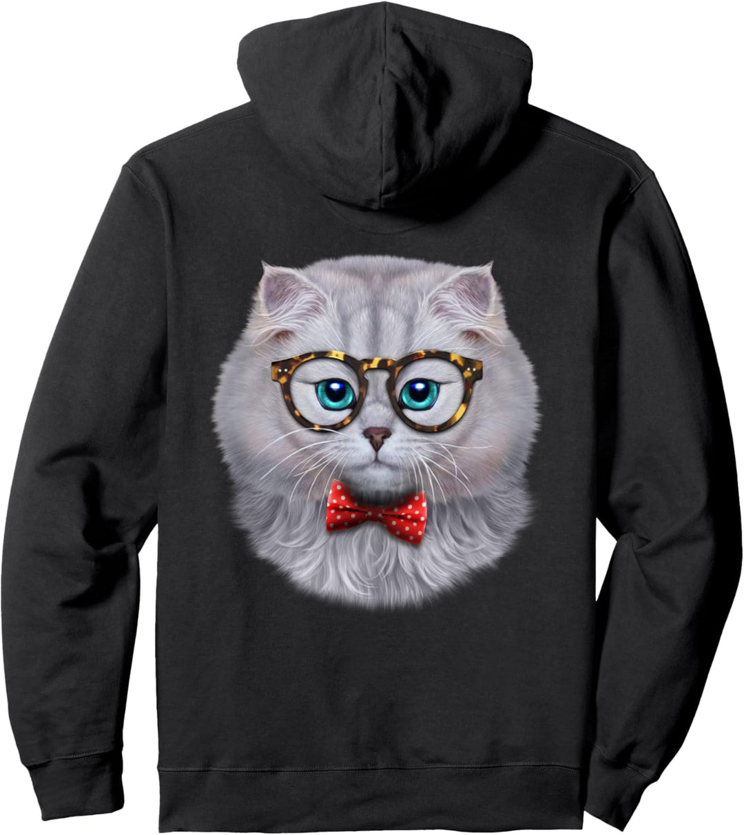 Weisse Katze, die klassische Brille und Fliege trägt Pullover Hoodie