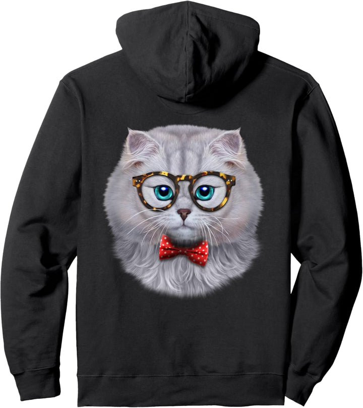Weisse Katze, die klassische Brille und Fliege trägt Pullover Hoodie