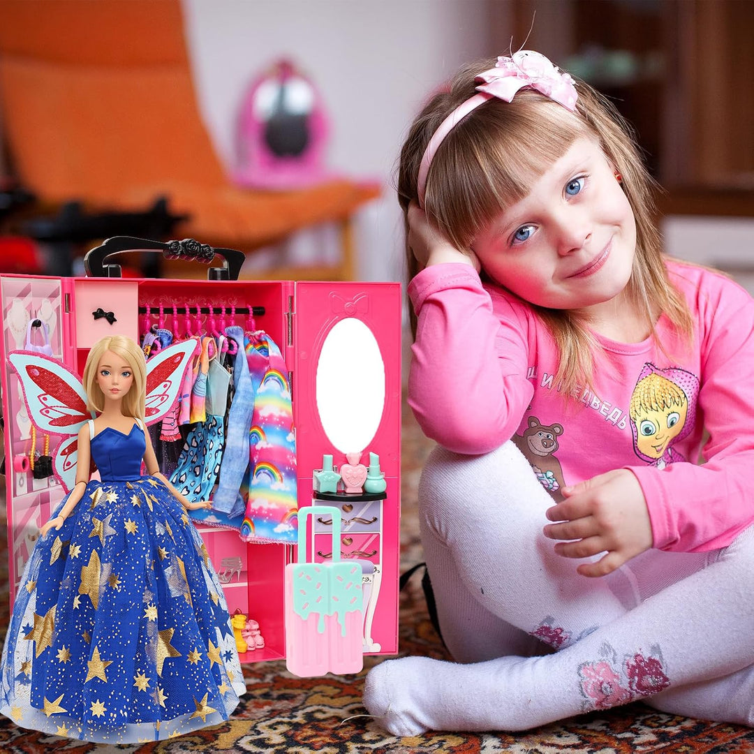 101 Teile 11,5 Zoll Mädchenpuppe Modenschrank Spielset - 1 Puppenschrank, 12 Kleidung, 10 Schuhe &amp; 7