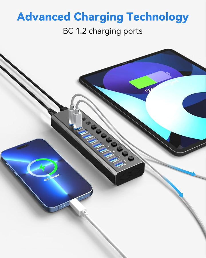 Powered USB Hub 3.2, 10-Port USB3.2/USB C Hub (10Gbps USB-A 3.2 +2 USB-C 3.2 +7 USB 3.0 Ports) mit i