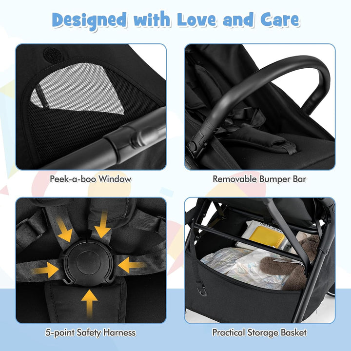 FANTASK Kinderwagen klappbar, Kinderbuggy mit verstellbarem Sonnendach, 5-Punkt-Sicherheitsgurt, Rei