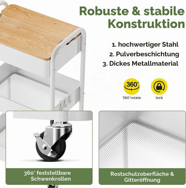 3-Tier Rollwagen mit Tischplatte, Servierwagen, rollender Allzweckwagen aus Metall, Regal auf Rädern