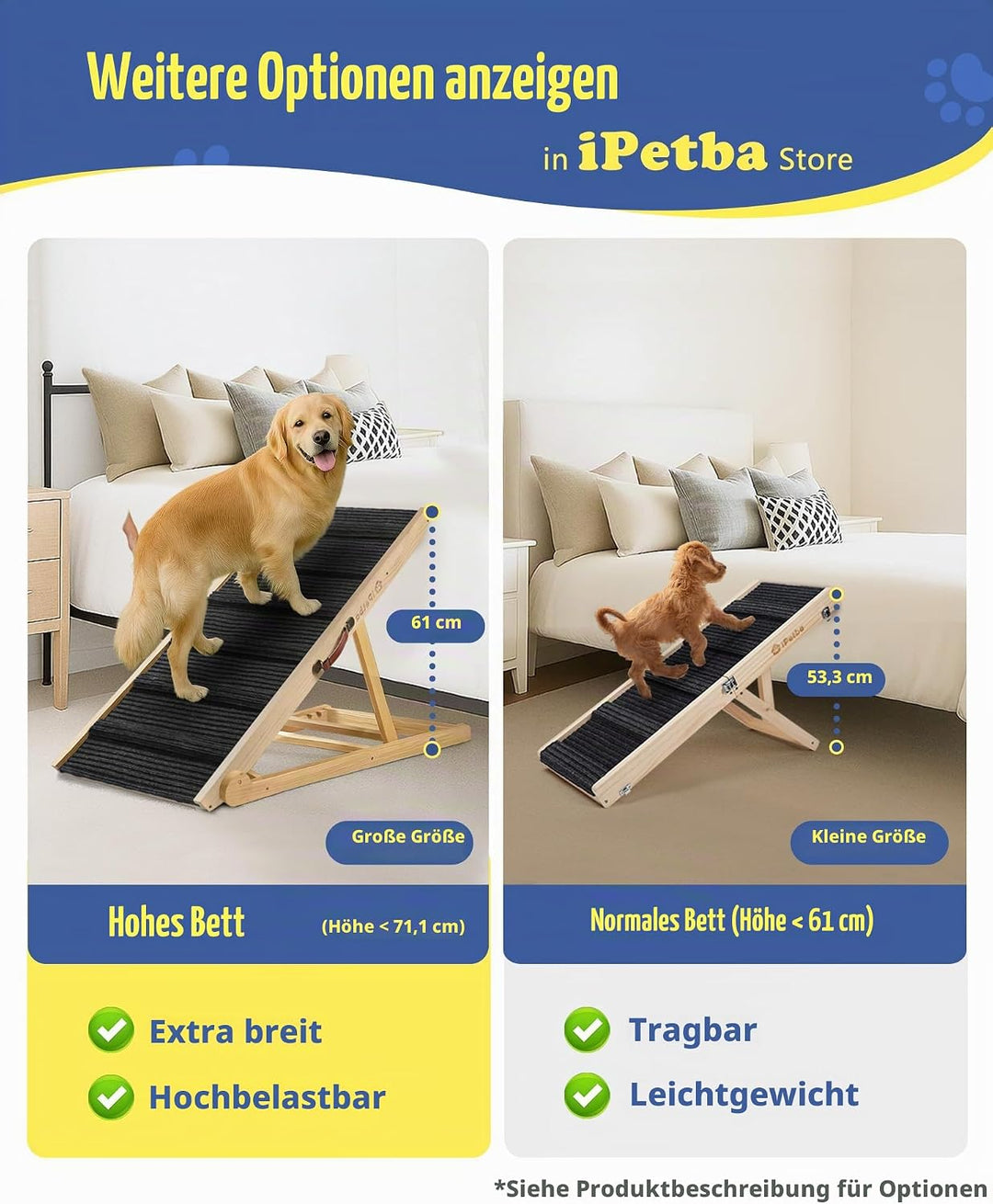 Hunderampe Bett Sofa für Kleine und Grosse Hunde Klappbar Rampe Hund Katzen Einstellbar 30-60 cm, bi