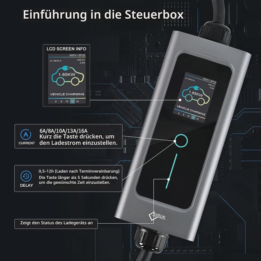 EVIEUN EV Ladekabel Typ 2 11 kW 3-Phasen 6-16 A 5 M, EV-Ladegerät Ladekabel CEE auf Typ 2 mit Allen