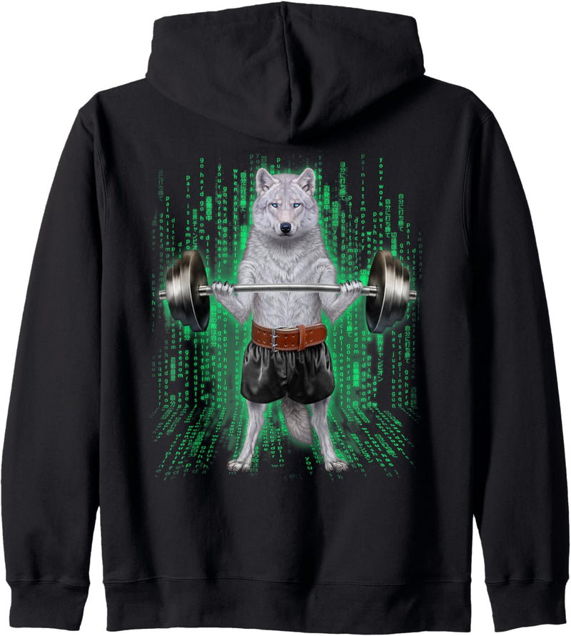 Arktischer Wolf, der Gewichte im Cyber-Fitnessstudio hebt Kapuzenjacke