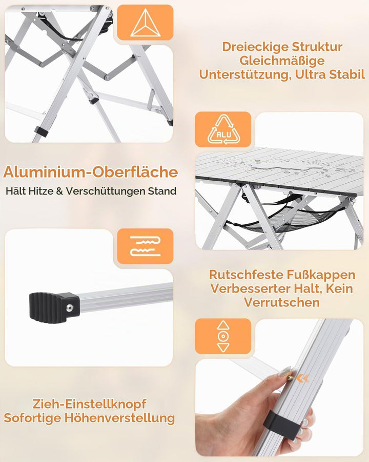Sportneer Campingtisch Klappbar – Aluminium Rolltop Tisch mit 3-Fach höhenverstellbaren Verriegelung
