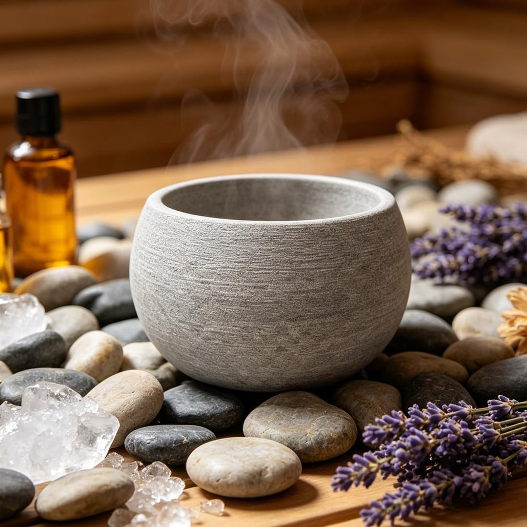 RANJIMA Sauna Verdampferschale aus Granit 10,5 x 6 cm Aromaschale für Aufgüsse auf Saunasteine mit M