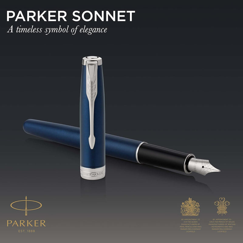 Parker Sonnet Füller | Blaue Lackierung | Füllfederhalter mit mittlerer Feder | Geschenkbox Mittlere