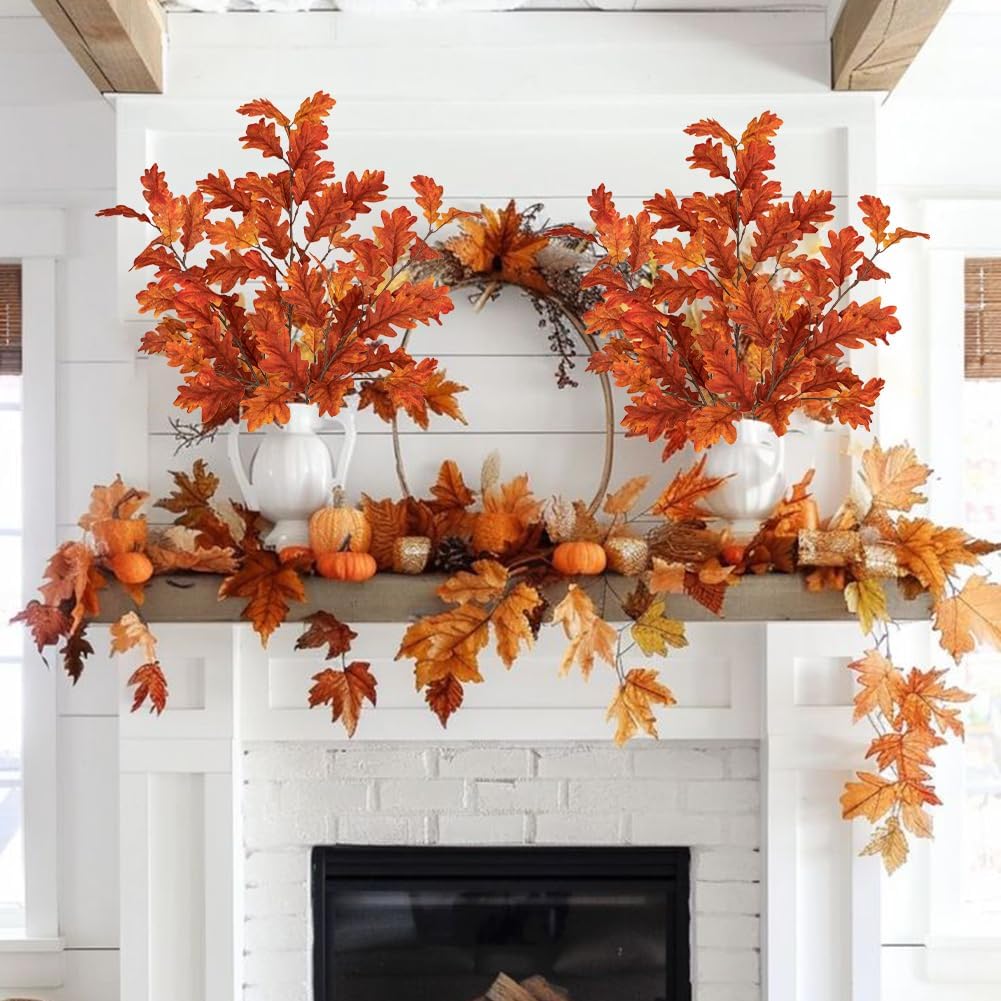 Hollyone 3 Stück Künstliche Eichenblätter Orange Herbstliche Kunstzweige 77 cm Stiel Künstlicher Dek