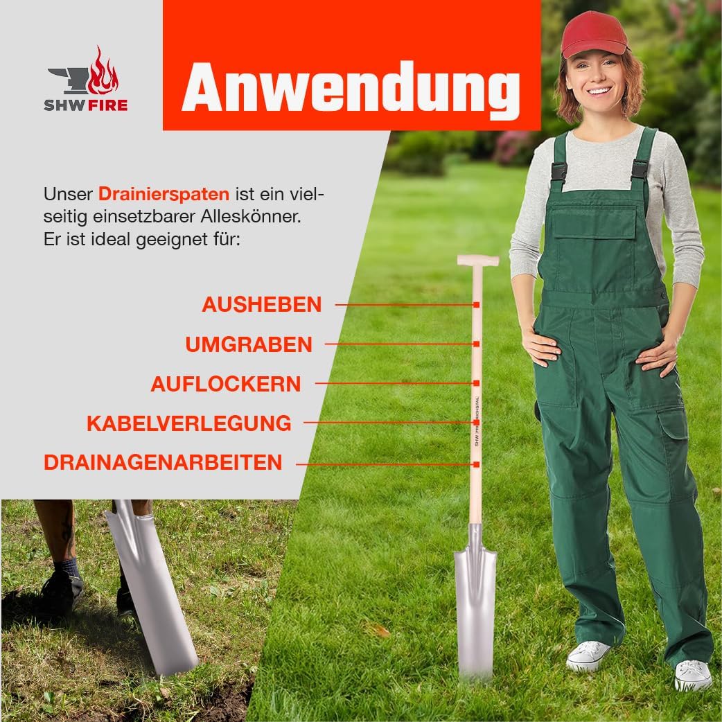 Drainierspaten - Trittschutz, 90cm lang mit T-Griff, robust und ideal für Drainage- und Pflanzarbeit