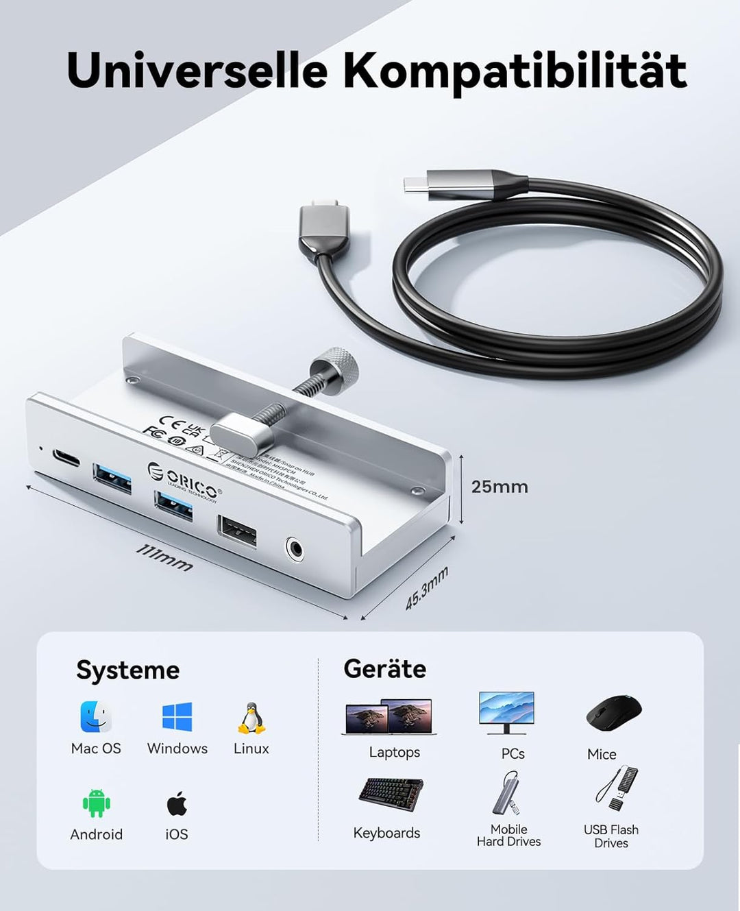 ORICO Clip Docking Station, 8-in-1 USB-C Hub Klemme mit 4K@60Hz HDMI, 100W PD, Gigabit-Ethernet, 4xU