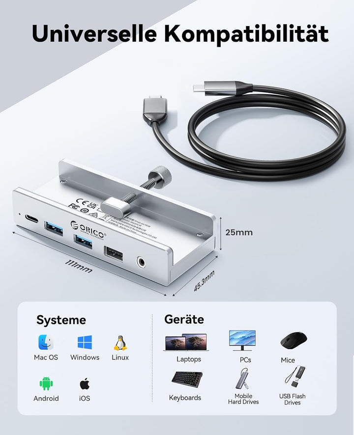 ORICO Clip Docking Station, 8-in-1 USB-C Hub Klemme mit 4K@60Hz HDMI, 100W PD, Gigabit-Ethernet, 4xU