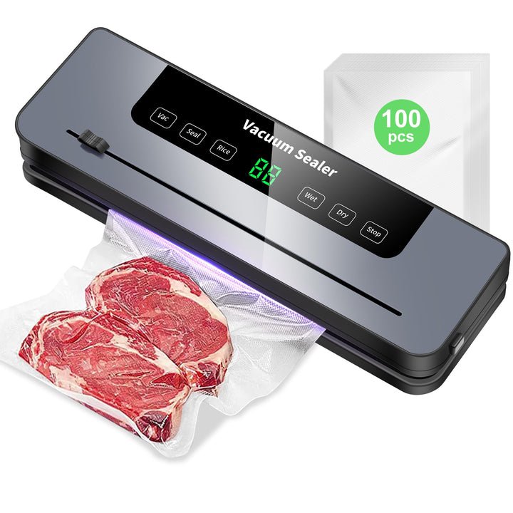 Vakuumiergerät, 7 in 1 Vakuumierer mit 100 Vakuumierbeutel, Vakuumiergerät Profi mit Cutter und Digi