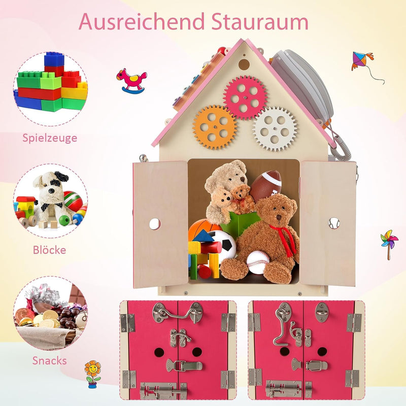 COSTWAY Kinder Spielhaus aus Holz, pädagogisches Spielzeughaus mit Sinnesspielen und Stauraum, senso