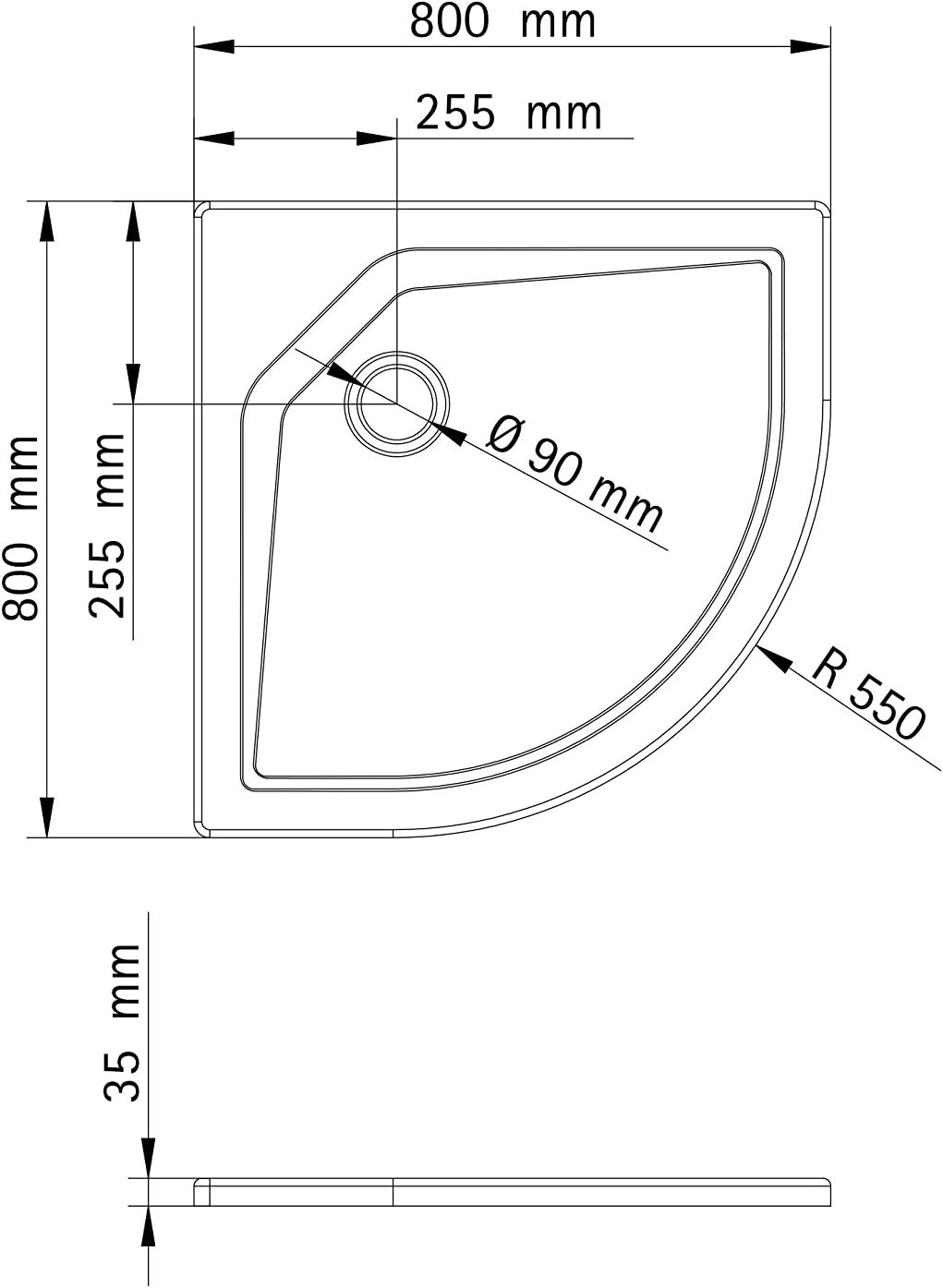 Schulte Duschwanne rund 80x80 cm Extra-flach 3,5 cm, Radius 550 mm, Sanitär-Acryl alpinweiss, inkl.