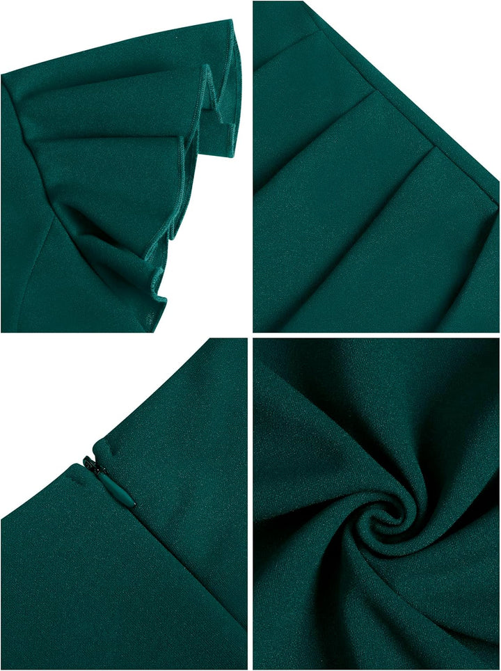 Missufe Damen Cocktailkleid Wickelkleid Partykleid Midikleid Elegant Bodycon Kleider Pfauengrün S, P