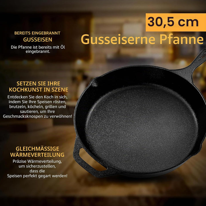 KICHLY Vorgewürzt Gusseisen Skillet 12 Zoll, Safe Grill Kochgeschirr für den Innen- und Aussenbereic