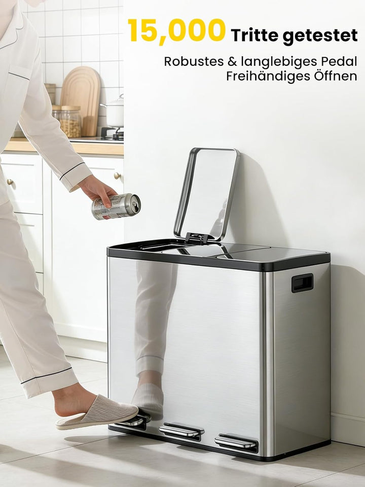 YEAUPE PRO Mülleimer Küche 3 x18L Edelstahl, 3 Fach Treteimer 54L Mülltrennungssystem, Abfalleimer m