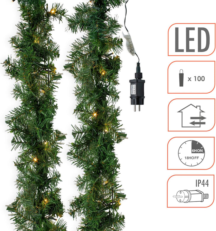 Spetebo Weihnachtsgirlande grün mit 100 LED Lichterkette warmweiss für Aussen - 810 cm - Kunst Tanne