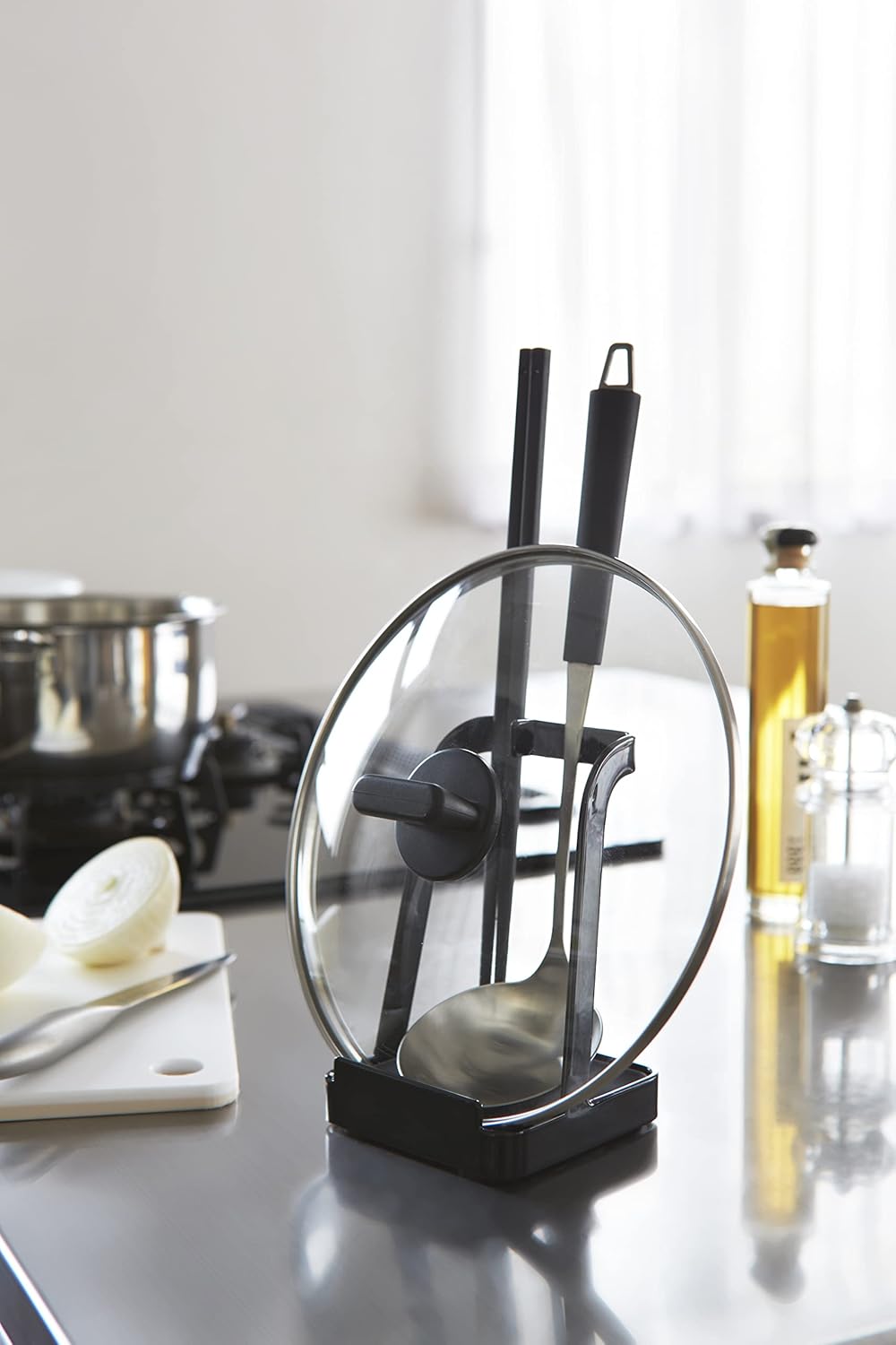 YAMAZAKI Home 2249 Tower Ständer für Schöpflöffel, Topfdeckel, Küchenutensilien, Schwarz 2248-P Schw