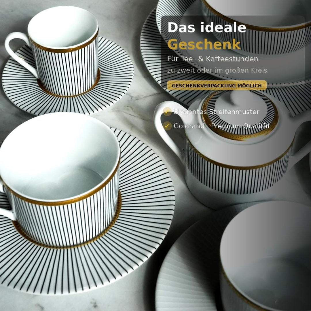 Knochenporzellan Teeservice 14-teilig für 6 Personen – Teekanne, Tassen &amp; Untertassen, Zuckerbox mit