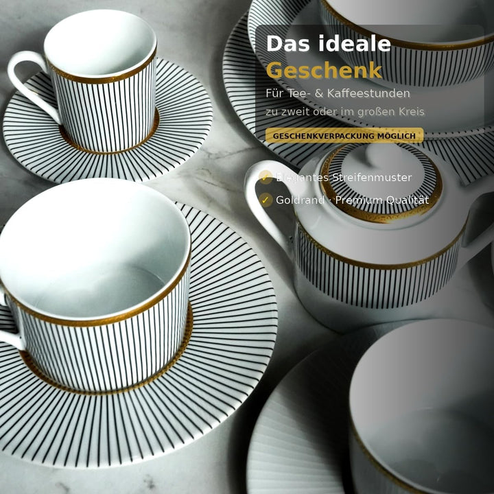 Knochenporzellan Teeservice 14-teilig für 6 Personen – Teekanne, Tassen &amp; Untertassen, Zuckerbox mit