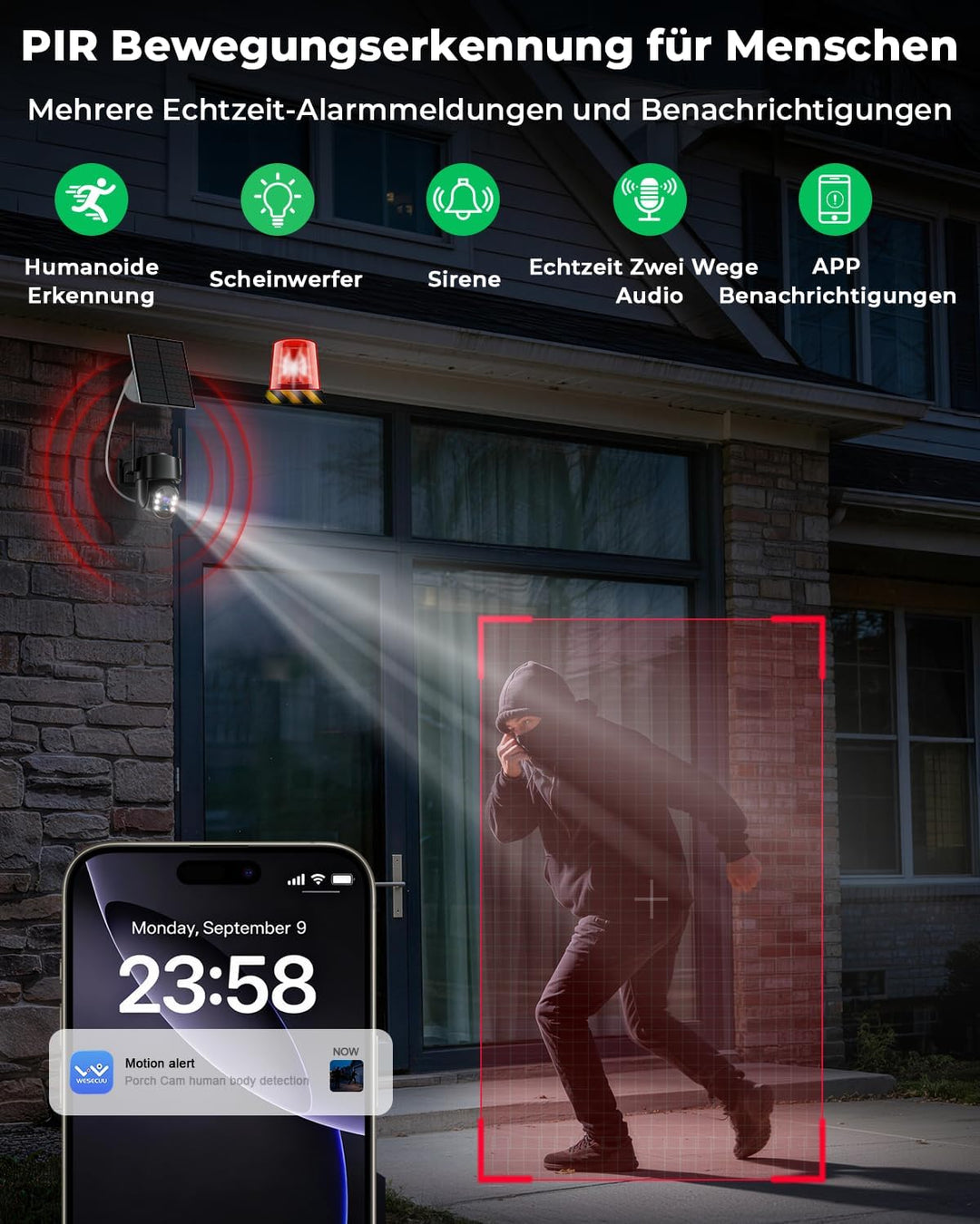 2K 4MP Überwachungskamera Aussen Akku Solar, 2,4G- und 5G-WLAN, 360° PTZ-Aussenkamera mit Batteriebe