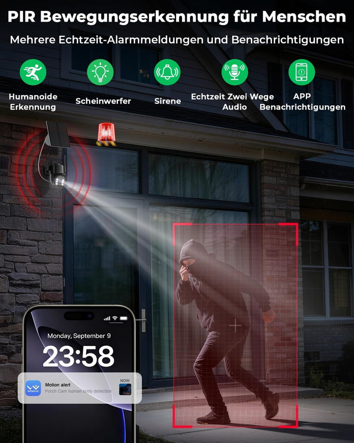 2K 4MP Überwachungskamera Aussen Akku Solar, 2,4G- und 5G-WLAN, 360° PTZ-Aussenkamera mit Batteriebe