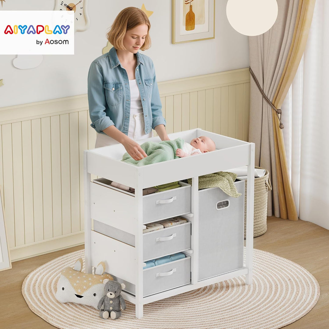 AIYAPLAY Wickeltisch mit 4 Schubladen, Wickelkommode für 0-12 Monate (max. 11kg), mit Matte, Säuglin