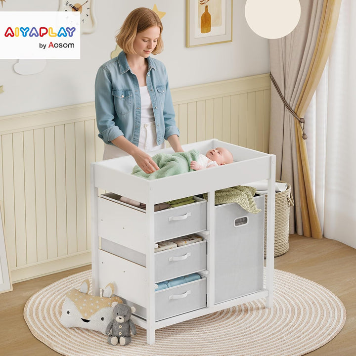 AIYAPLAY Wickeltisch mit 4 Schubladen, Wickelkommode für 0-12 Monate (max. 11kg), mit Matte, Säuglin