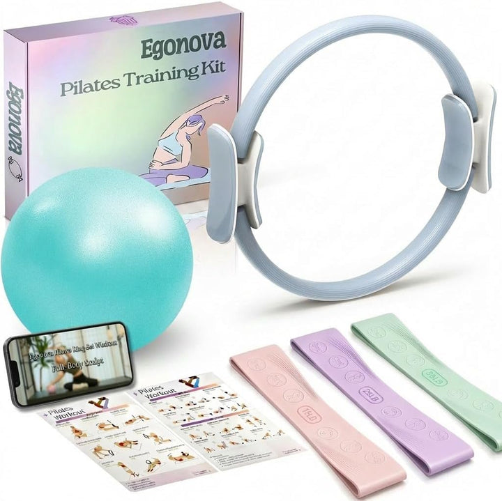 EgoNova Pilates Ring Set: 14-Inch Magic Circle with Dual Padded Handles, Pilates Mini Ball, and Resi