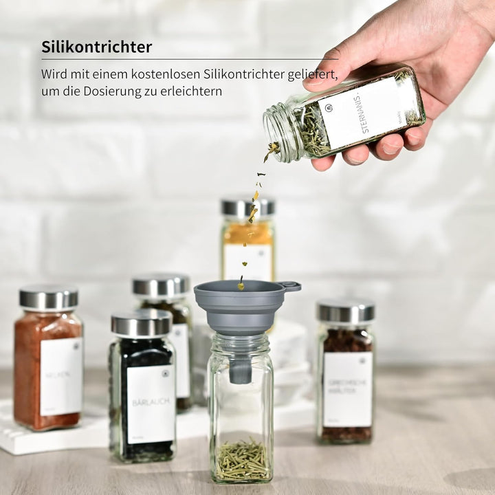 Miorkly Gewürzgläser Eckig mit Streueinsatz, Edelstahl Deckel Gewürzdosen Set 120ml,24 Gewürzgläser